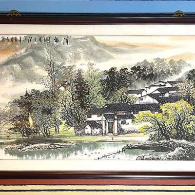 Asian Watercolor & Ink Scroll Landscape Stamped with Artist's Seal, Framed 26x49"