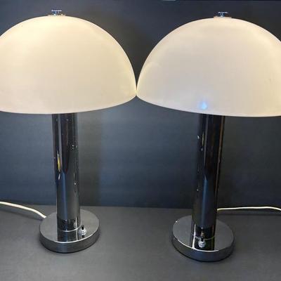 Vintage Modernist Nessen Chrome & Acrylic Mushroom Table Lamp Pair, 19”