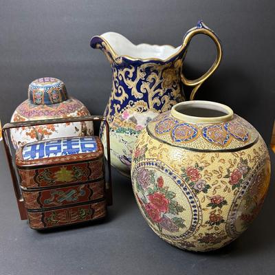 Asian Ginger Jars, Tiered Lacquer Box & Cobalt Gilt Pitcher, 7.5”-12”H