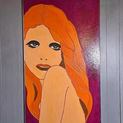 Pop Art Style Portrait Painting with Fuchsia Background, Framed 50x24"