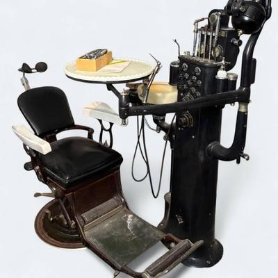 Vintage Dental Chair And Chair Side Dental Station With Milk Glass Tray Sink & More