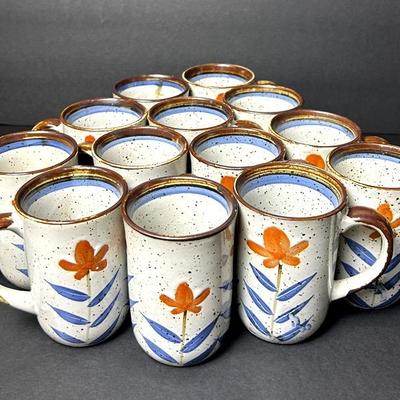 Vintage Speckled Stoneware Floral Coffee Mugs (13)