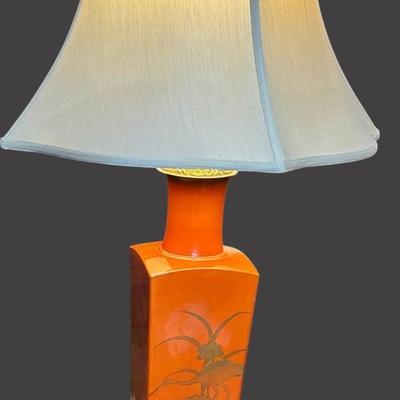 Vintage 34” Asian Style Ceramic Table Lamp with Gold Crane Motif & Pagoda Shade 