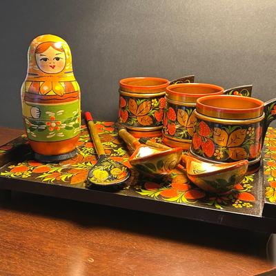 Russian Nesting Doll (6") & Khokhloma Painted Wood Mugs (4"), Tray 14x10", Spoons