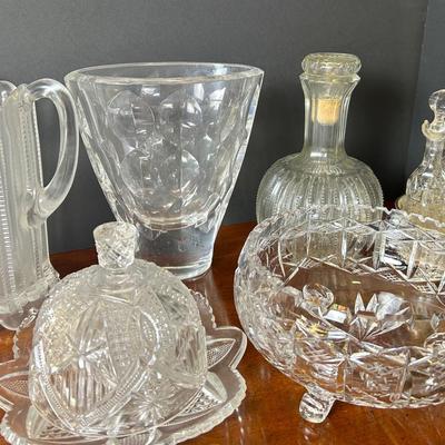 Vintage & Antique Pressed & Cut Glass: Silver Plate Cruet Set, Covered Butter Dish, Orrefors Vase