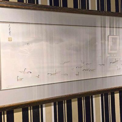 Framed Asian Watercolor of Geese with Calligraphy and Seal, Framed 30x41"