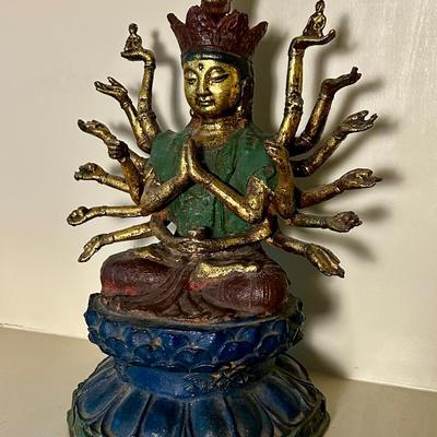Gilded Cast Iron Multi-Armed Bodhisattva Statue -15" 