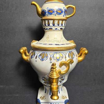 Vintage Gzhel Russian Porcelain Teapot – Blue & White with Gold, Samovar Top, 11" Tall