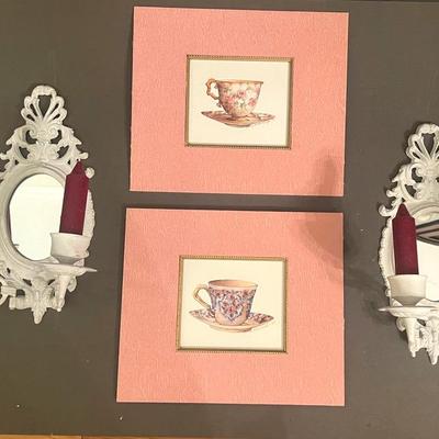 Cast Iron Wall Candle Sconces & Teacups W Moiré