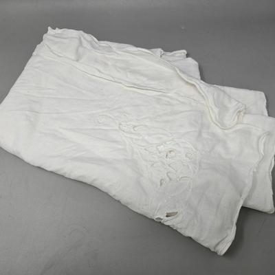 Vintage Hand Embroidered Open Work Linen Tablecloth