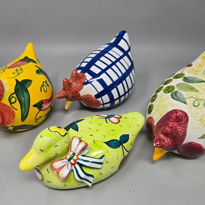 Three Ceramic Chickens & a Duck