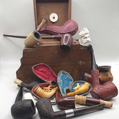 Antique Cured Meerschaum Pipes, Humidor And Imported Briar 