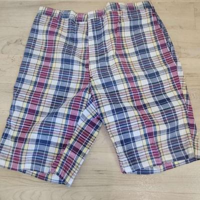 Vintage 100% Madras bermudas made in Hong Kong.