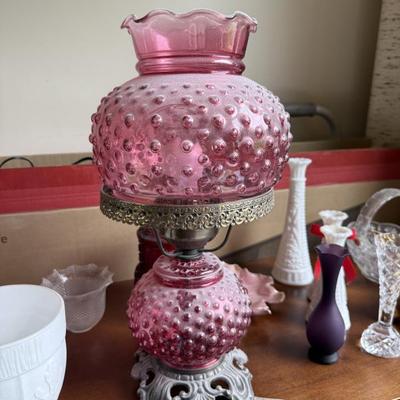 Antique hobnail glass oil lamp