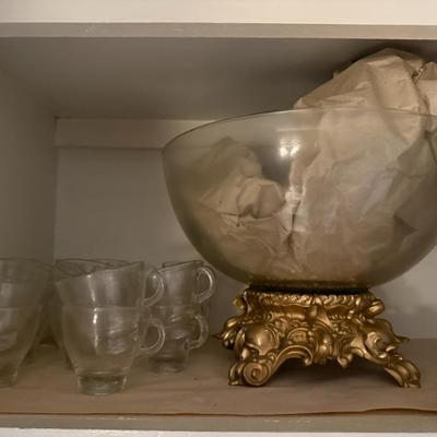 Glass punch bowl with glasses and stand