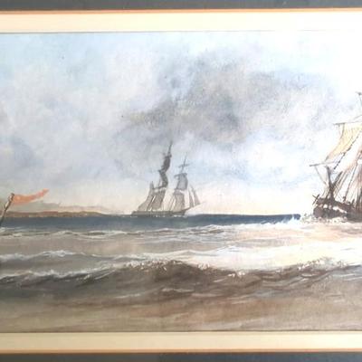Framed Work Of Ships In A Harbor