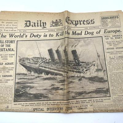 1915, London Daily Express Newspaper- Lusitania