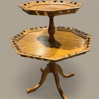 2 Tiered Hexagonal Pie Crust Rim, Claw Legged Dumbwaiter Side Table