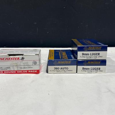 Winchester 9mm Lugar 100rnd, Magtech .380 Auto 50rnds, Magtech 9mm Luger 100rnds