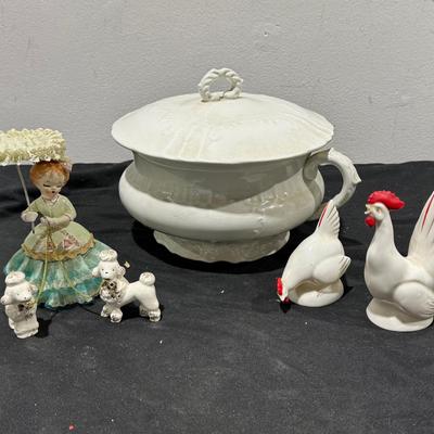 Vintage Porcelain Chamber Pot, Vintage Set Of Chicken Salt/Pepper Shakers, Vintage Lace Lady