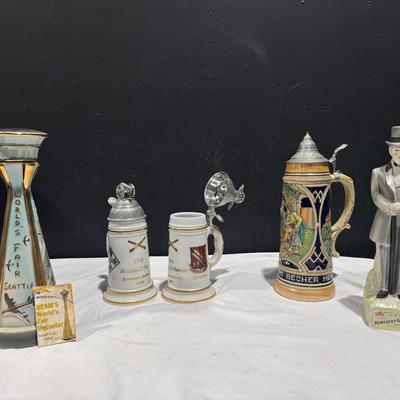 Vintage Decanter And Ceramic Steins, 1962 Worlds Fair, Kentucky Gentleman