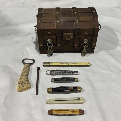 Vintage Pocketknife Collection In Wooden Chest 