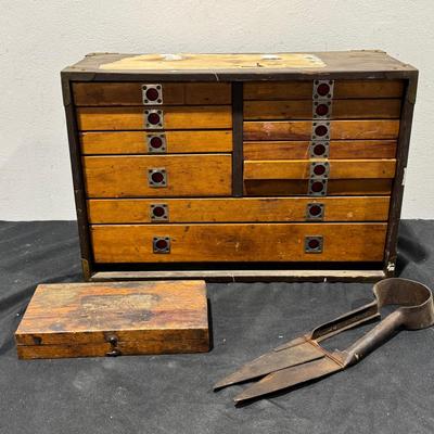 Vintage Wooden Drawer Cabinet Machinist Chest W/ Tap And Die Set And Sheep Shears