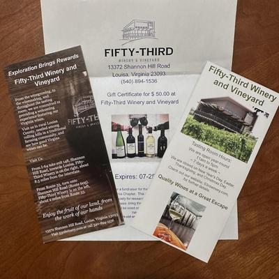 53rd Winery & Vineyard:  $50 Gift Certificate
