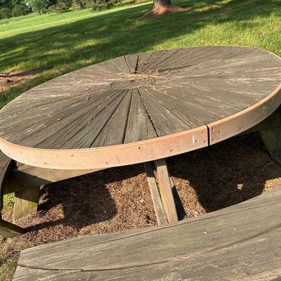 57” Round Wooden Picnic Table With Built In Benches 