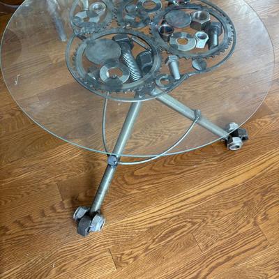 Unique Glass Top Nuts & Bolts Accent Table