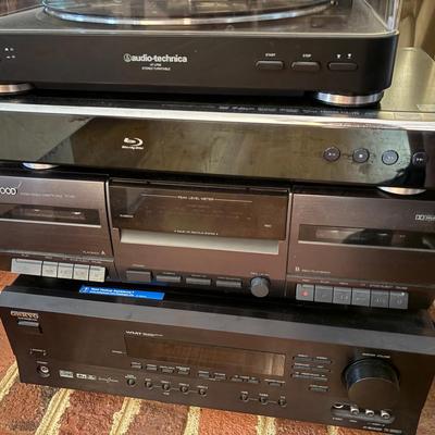 ONKYO Receiver, Kenwood Double Cassette Deck, LG Blu-Ray, Audi-Technica Turntable 