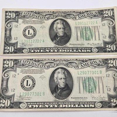 #1214 • (2) Series 1934 $20 Dollar Banknotes
