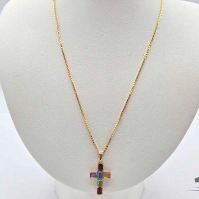 #516 • 14k Gold Necklace with Semi-Precious Stone Cross, 7.6g
