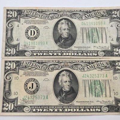 #1218 • (2) Series 1934 $20 Dollar Banknotes
