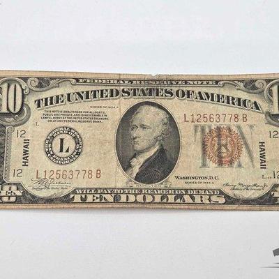 #1208 • Hawaii Stamped Series 1934 $10 Dollar Banknote
