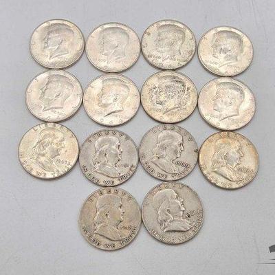 #1525 • (14) Pre 1964 Kennedy & Franklin Half Dollar Coins, 174g
