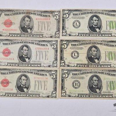 #1228 • (6) $5 Red & Green Seal Bills
