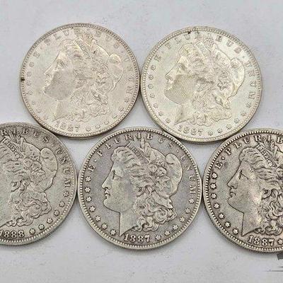 #1330 • (5) 1887 Morgan Silver Dollars
