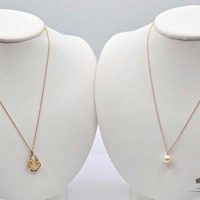 #538 • (2) 14k Gold Opal and Diamond, Pearl and Gold Necklaces, 4.3g
