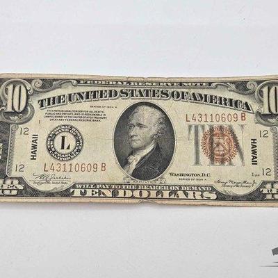 #1206 • Hawaii Stamped Series 1934 $10 Dollar Banknote
