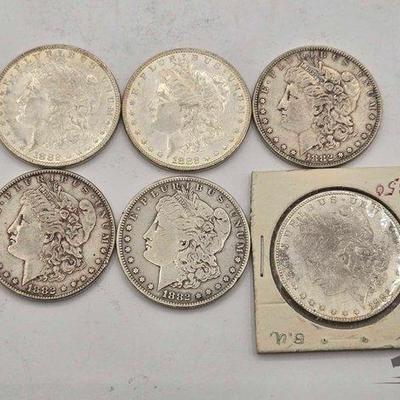 #1352 • (6) 1882 Philadelphia Morgan Silver Dollars
