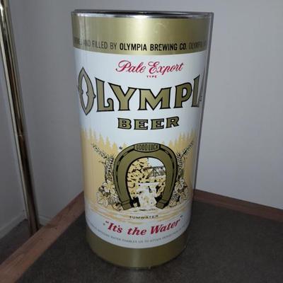 Vintage Olympia Beer umbrella holder / trash can