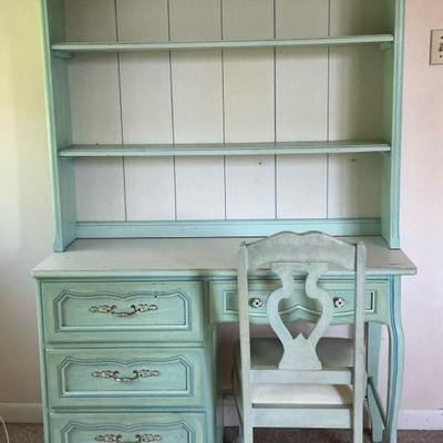 Vintage Blue Painted Desk w/ Hutch & Chair