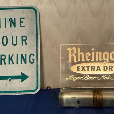 Vintage Rheingold Beer Light Up Sign & Metal Parking Sign
