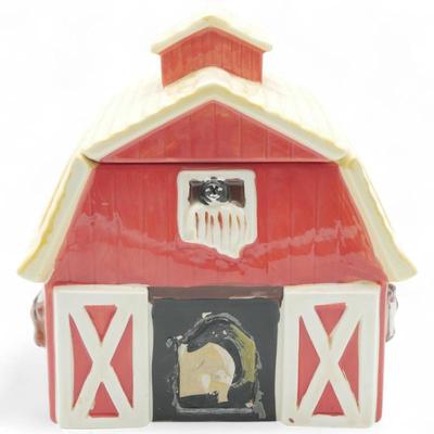 1980s Ceramic Barn-Shaped Cookie Jar w/ Removable Roof