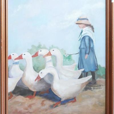 Signed Original Oil Artwork of a Girl with Geese
