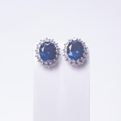 Oval Blue CZ Stud Earrings with 925 Sterling Silver