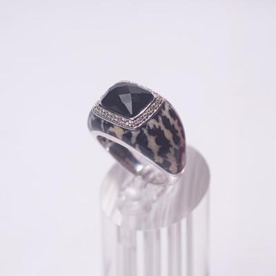 925 Sterling Silver Ring with Black Stone & Leopard Print Enamel Size 7