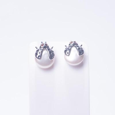 925 Sterling Silver Ladybug Earrings with Pearl Accents