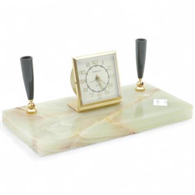 Vintage Overocean Onyx Desk Alarm Clock w/ Pen Holders